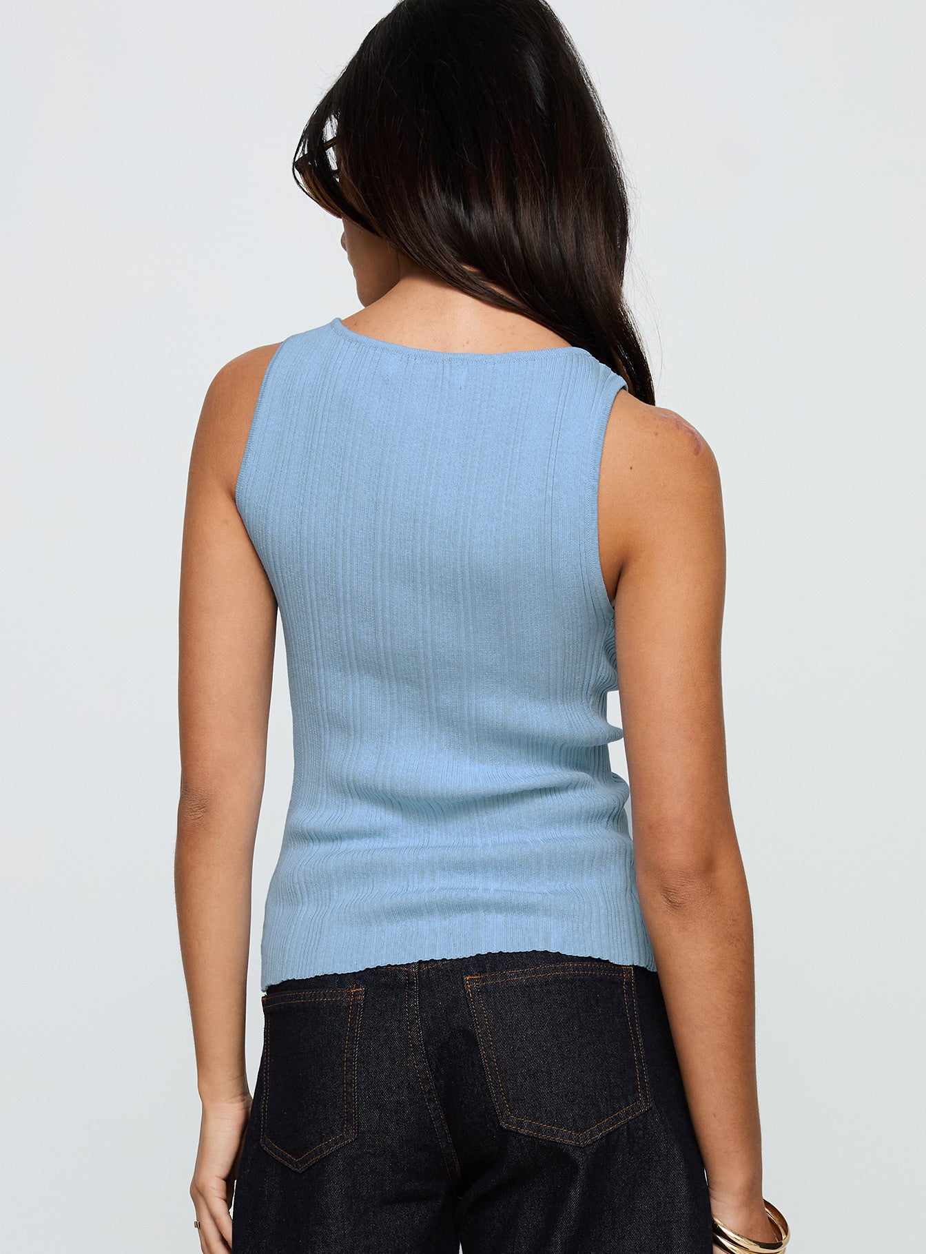 back view of model wearing Princess Polly Oregano Top Blue Sleeveless Crew Neck 