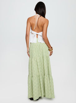 back view of model wearing Princess Polly Silver Soul Embroidered Maxi Skirt Sage Maxi 