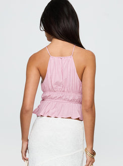 back view of model wearing Princess Polly Rozier Top Pink Sleeveless Crew Neck 