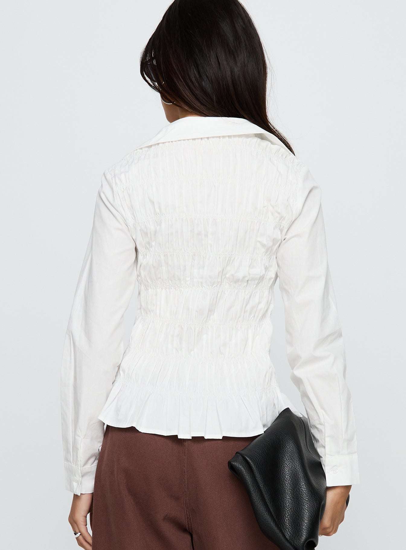 back view of model wearing Princess Polly Cultivate Shirred Long Sleeve Top White Full Sleeves V-Neck 