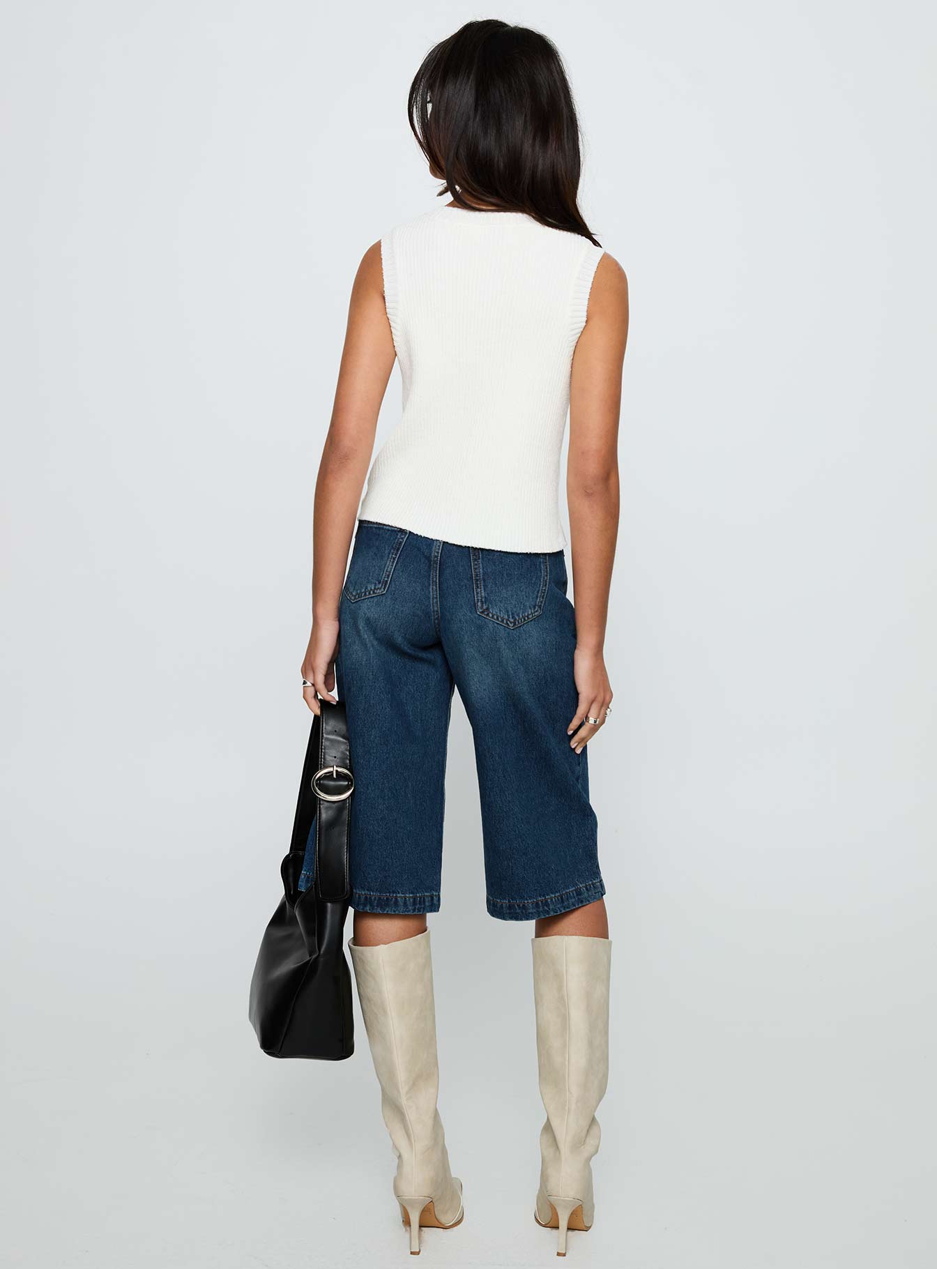 back view of model wearing Princess Polly Simie Button Front Rib Top White Sleeveless Crew Neck 