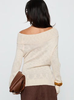 back view of model wearing Princess Polly Alyxandra Off Shoulder Knit Sweater Beige Long 