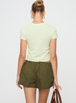 Olive Low rise shorts Drawstring waistband, twin hip pockets, dolphin hem
