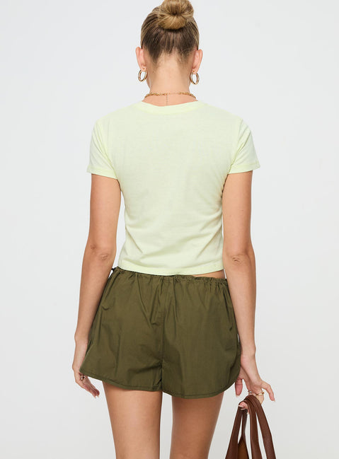 Olive Low rise shorts Drawstring waistband, twin hip pockets, dolphin hem