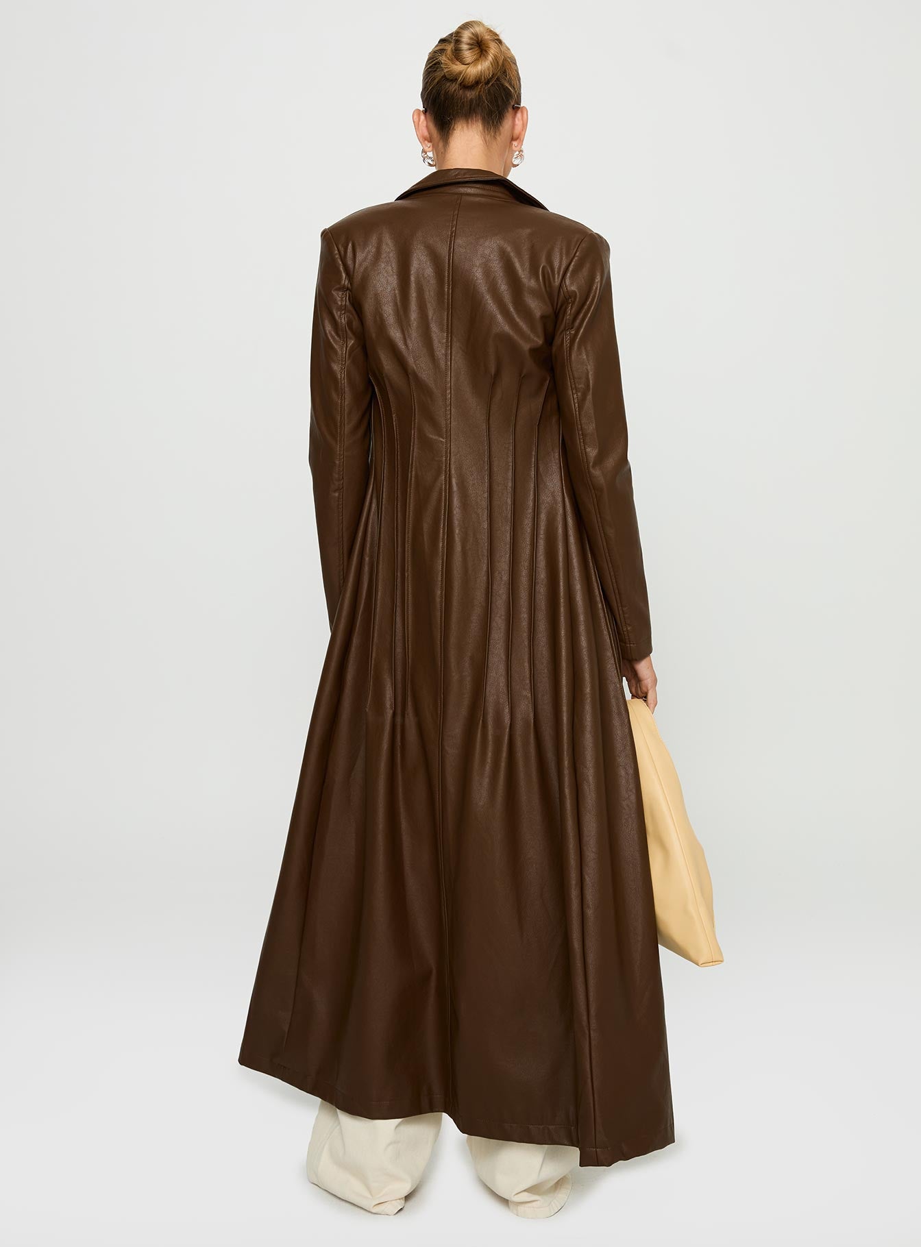 Speak Easy Long Line Faux Leather Coat Brown