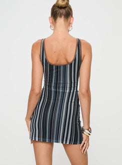Black striped Striped mini dress V neckline, fixed shoulder straps, tie detail at bust