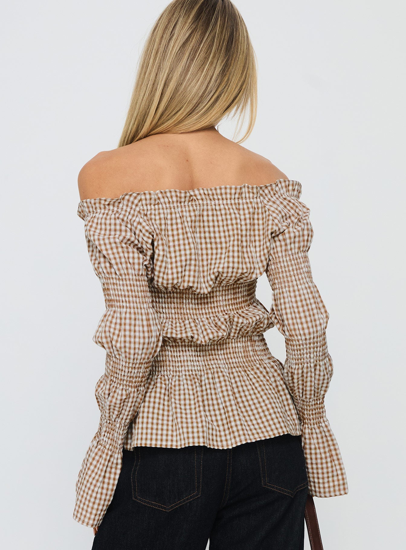 Kaitlynne Off Shoulder Long Sleeve Top Brown Check