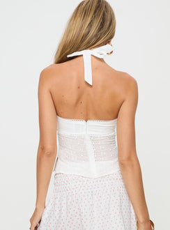 White Broderie anglaise crop top Halter neck tie fastening, ruching at bust, invisible zip fastening at back, split hem at sides