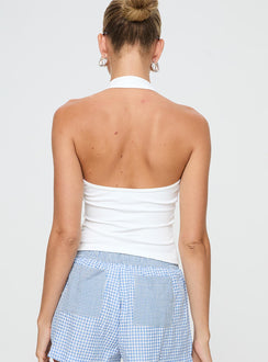 back view of model wearing Princess Polly Stand By Halter Top White Sleeveless Plunger 