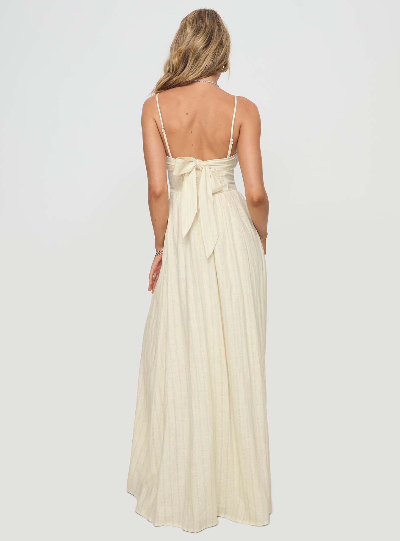 back view of model wearing Princess Polly Slow Dance Linen Blend Maxi Dress Cream / Blue Square Neck 