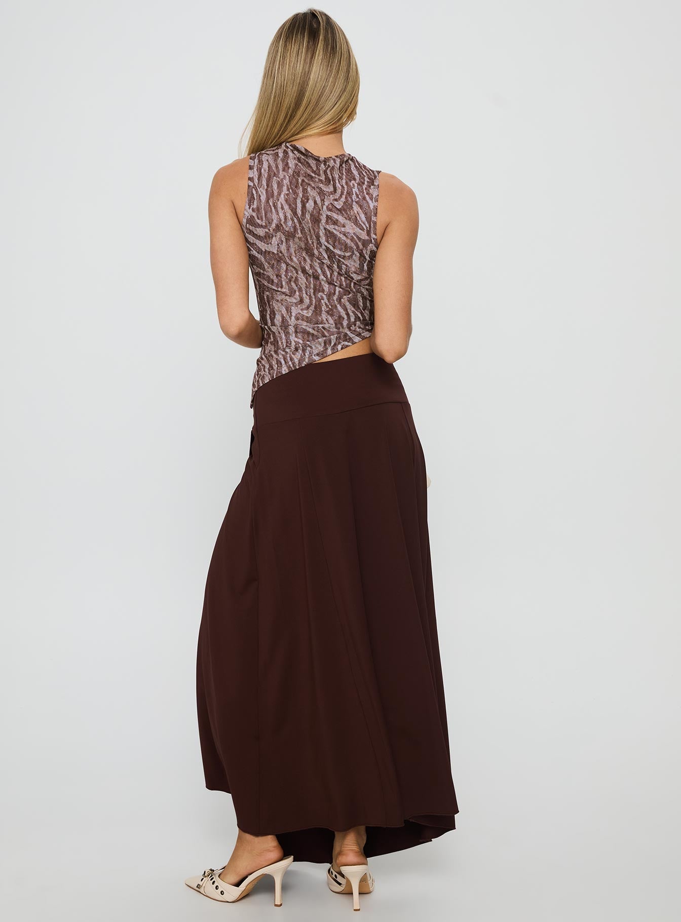 back view of model wearing Princess Polly Nola Hardware Slit Maxi Skirt Brown Maxi 