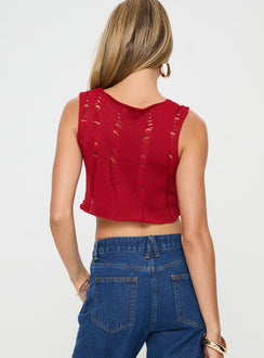 Red Knit top Tank style, high neckline, distressed detail