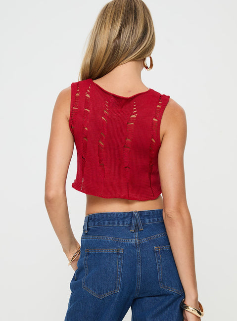 Red Knit top Tank style, high neckline, distressed detail