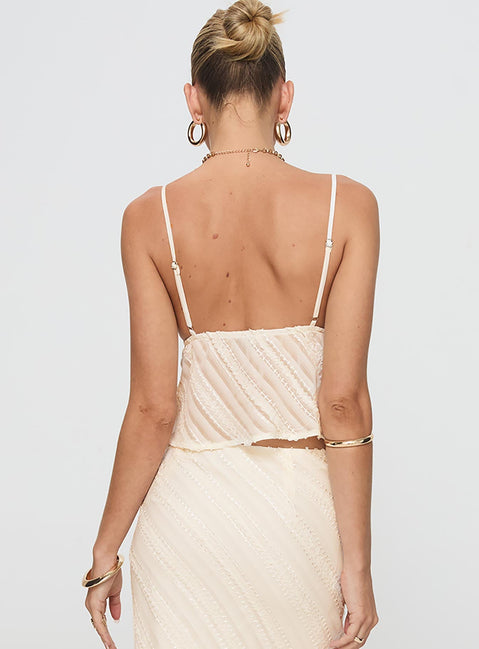 back view of model wearing Princess Polly Jacintha Top Cream Sleeveless V-Neck 