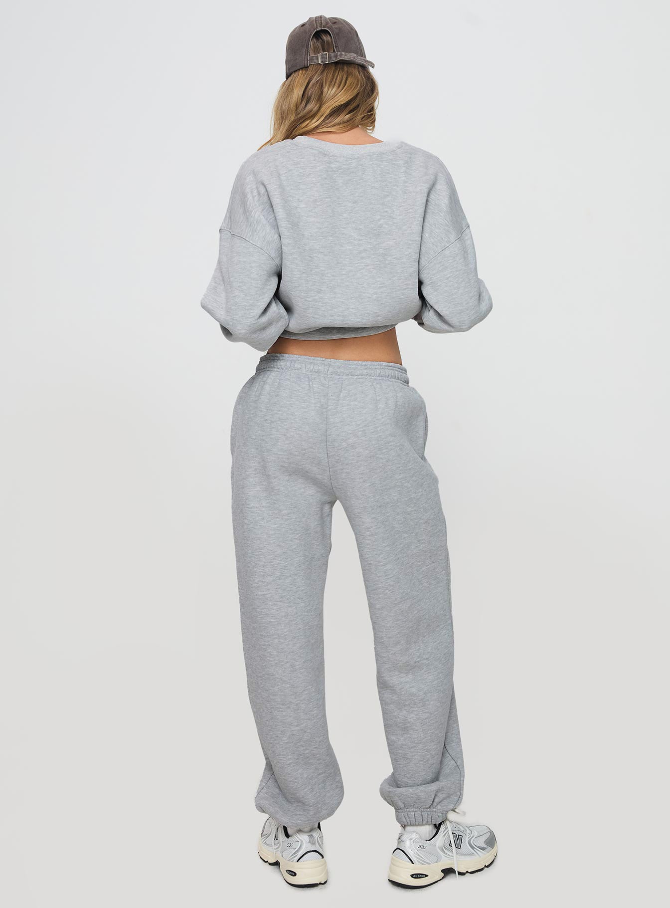 back view of model wearing Princess Polly Dream Fleece Ankle Cuff Sweatpants Grey Marle High Waisted Pants 