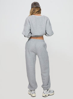 back view of model wearing Princess Polly Dream Fleece Ankle Cuff Sweatpants Grey Marle High Waisted Pants 