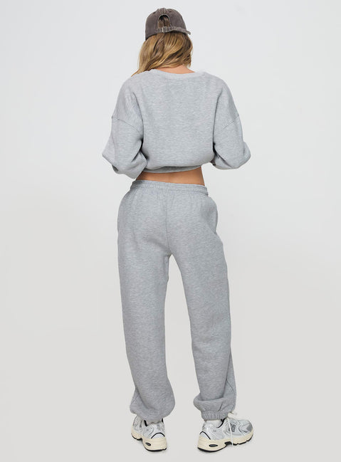 back view of model wearing Princess Polly Dream Fleece Ankle Cuff Sweatpants Grey Marle High Waisted Pants 