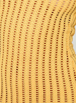 Yellow Mini dress Crochet material, one shoulder style, fixed straps