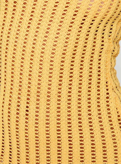 Yellow Mini dress Crochet material, one shoulder style, fixed straps