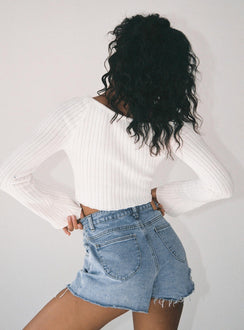 back view of model wearing Princess Polly Feels Like Summer Denim Shorts High Waisted Shorts 