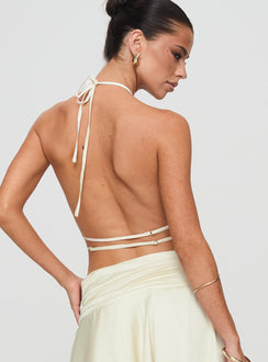back view of model wearing Princess Polly Legacy Halter Top Ivory Sleeveless High Neck 