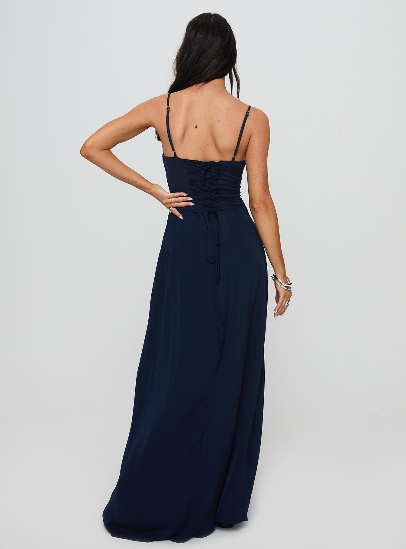 back view of model wearing Princess Polly Eleanora Maxi Dress Navy Sweetheart Neckline 