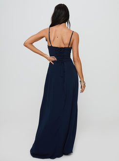 back view of model wearing Princess Polly Eleanora Maxi Dress Navy Sweetheart Neckline 