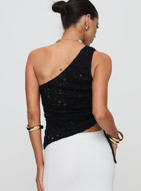 back view of model wearing Princess Polly Sensua One Shoulder Top Black Sleeveless Asymmetric Neckline 