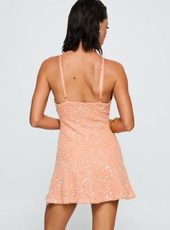 back view of model wearing Princess Polly Feel The Vibrations Sequin Mini Dress Orange Plunger 