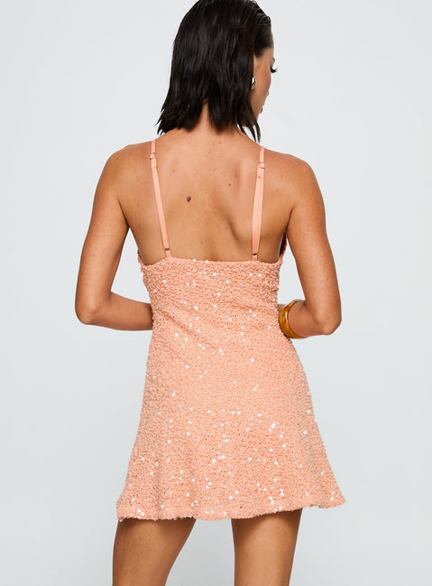 back view of model wearing Princess Polly Feel The Vibrations Sequin Mini Dress Orange Plunger 