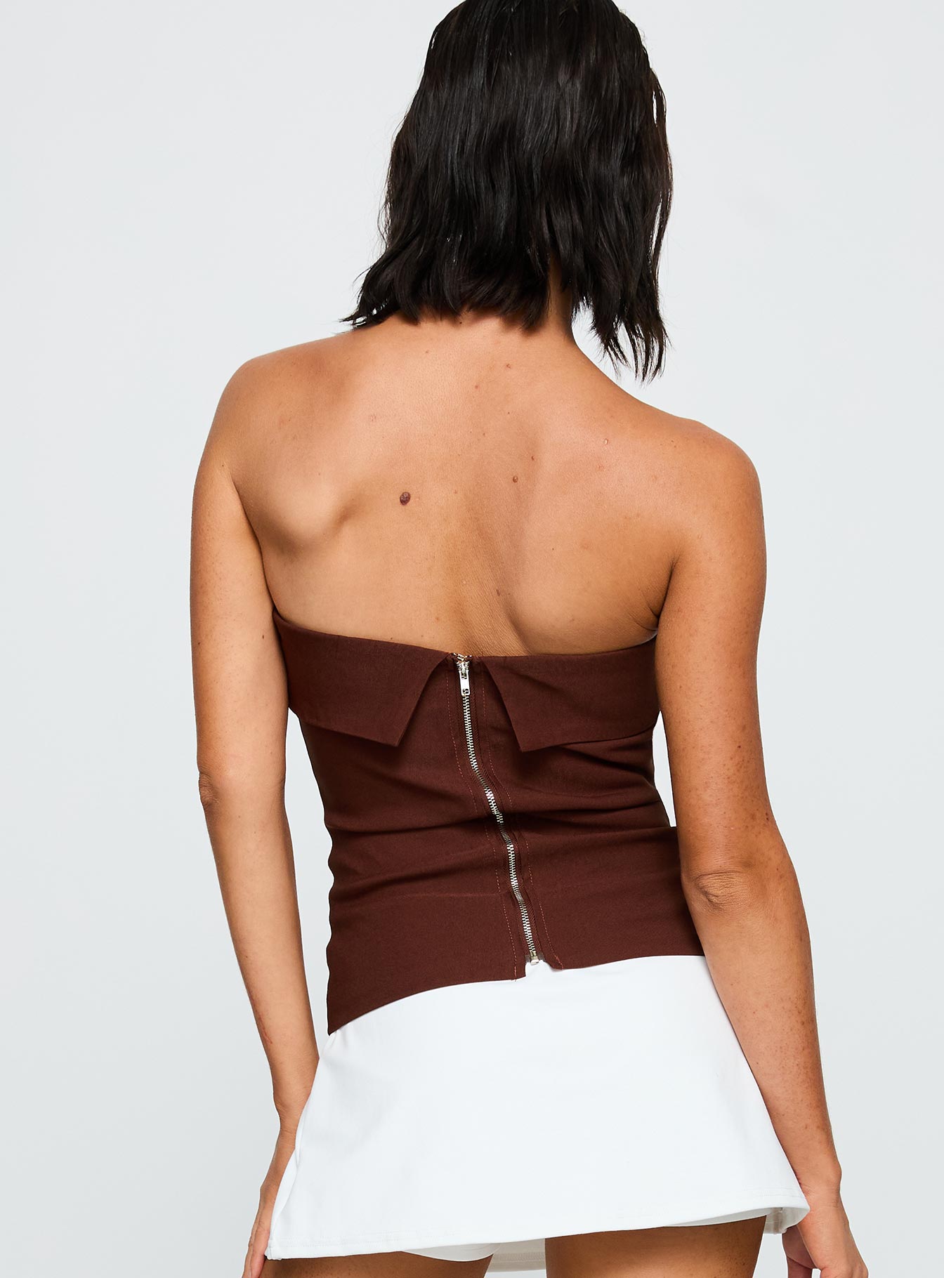 back view of model wearing Princess Polly Good Looking Strapless Top Currant Sleeveless straight 
