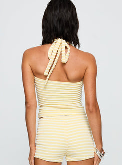 back view of model wearing Princess Polly Dreaming Of Me Top Yellow Stripe Sleeveless Sweetheart 