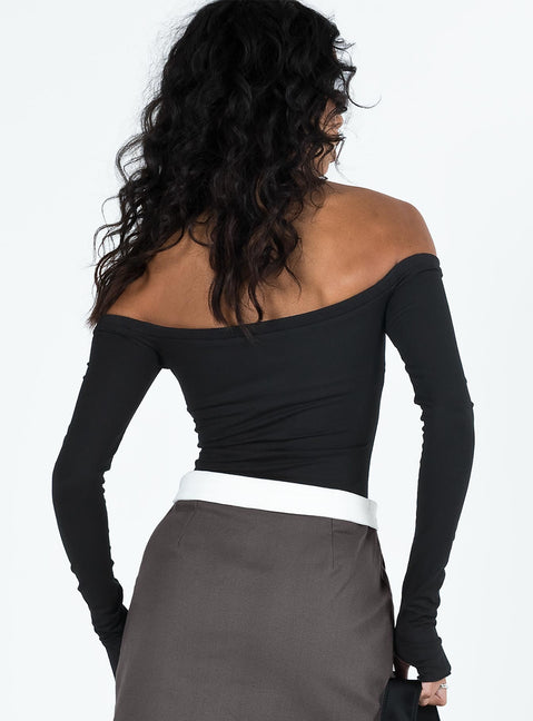 Long sleeve bodysuit Ribbed material Off the shoulder design Thumb holes at cuff G string style bottom Press clip fastening Good stretch Lined bust