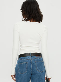 back view of model wearing Princess Polly Baseline Rib Long Sleeve Top White Full Sleeves Scoop Neck 