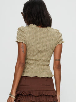 back view of model wearing Princess Polly Romelle Shirred Top Green / Brown Plaid Short Sleeves Crew Neck 
