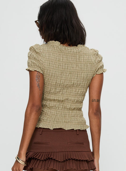 back view of model wearing Princess Polly Romelle Shirred Top Green / Brown Plaid Short Sleeves Crew Neck 