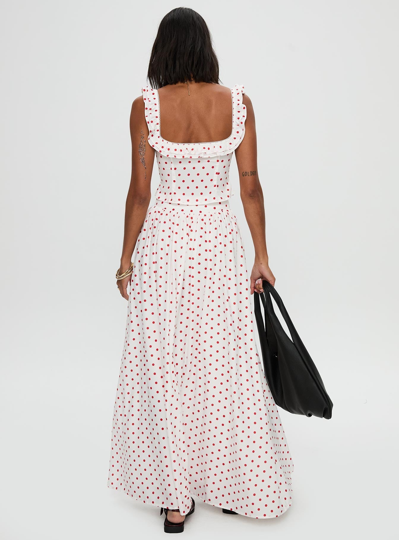 back view of model wearing Princess Polly Valerio Maxi Skirt White / Red Maxi 