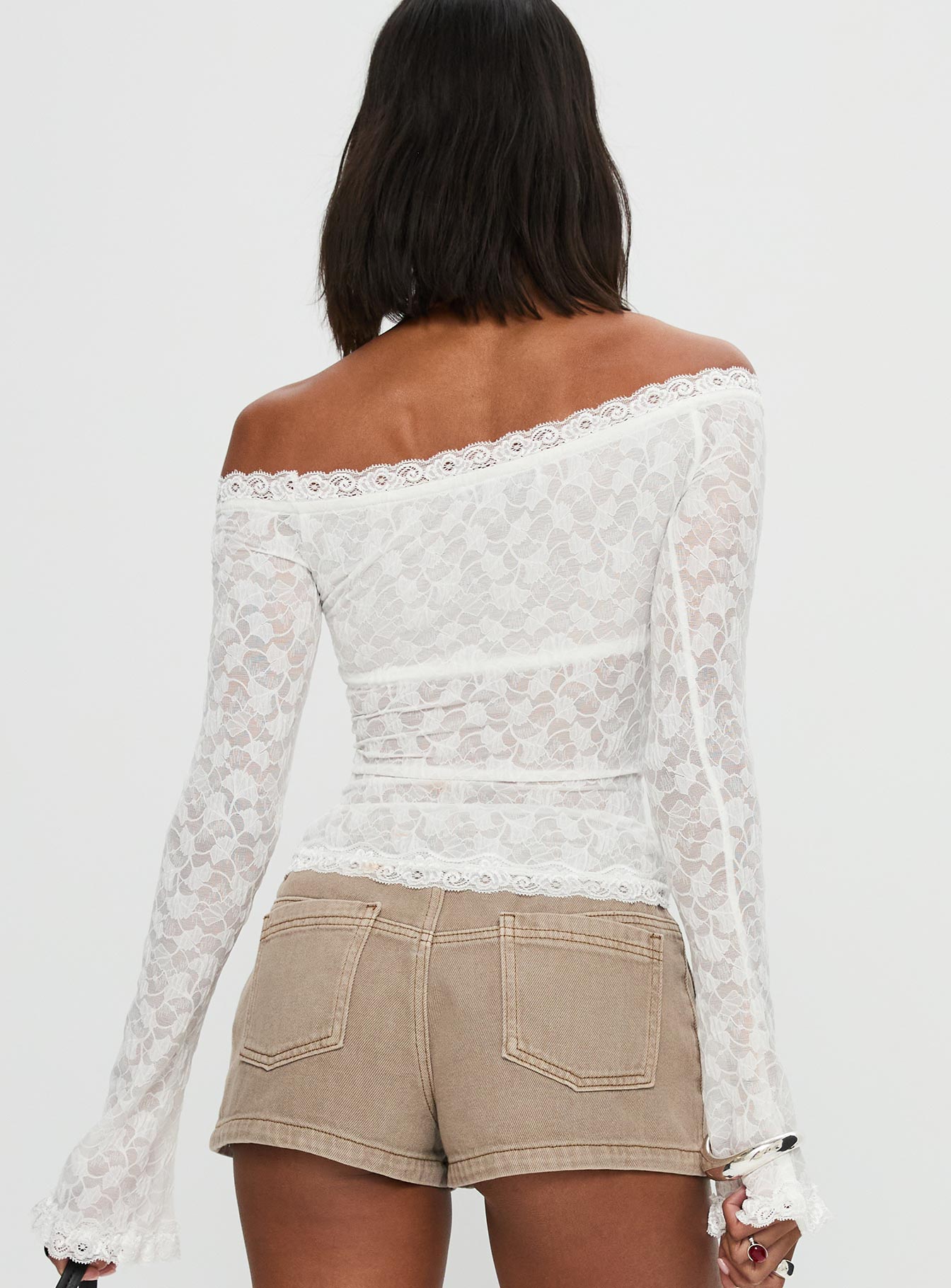 back view of model wearing Princess Polly Mochapella Off The Shoulder Top White Full Sleeves straight 
