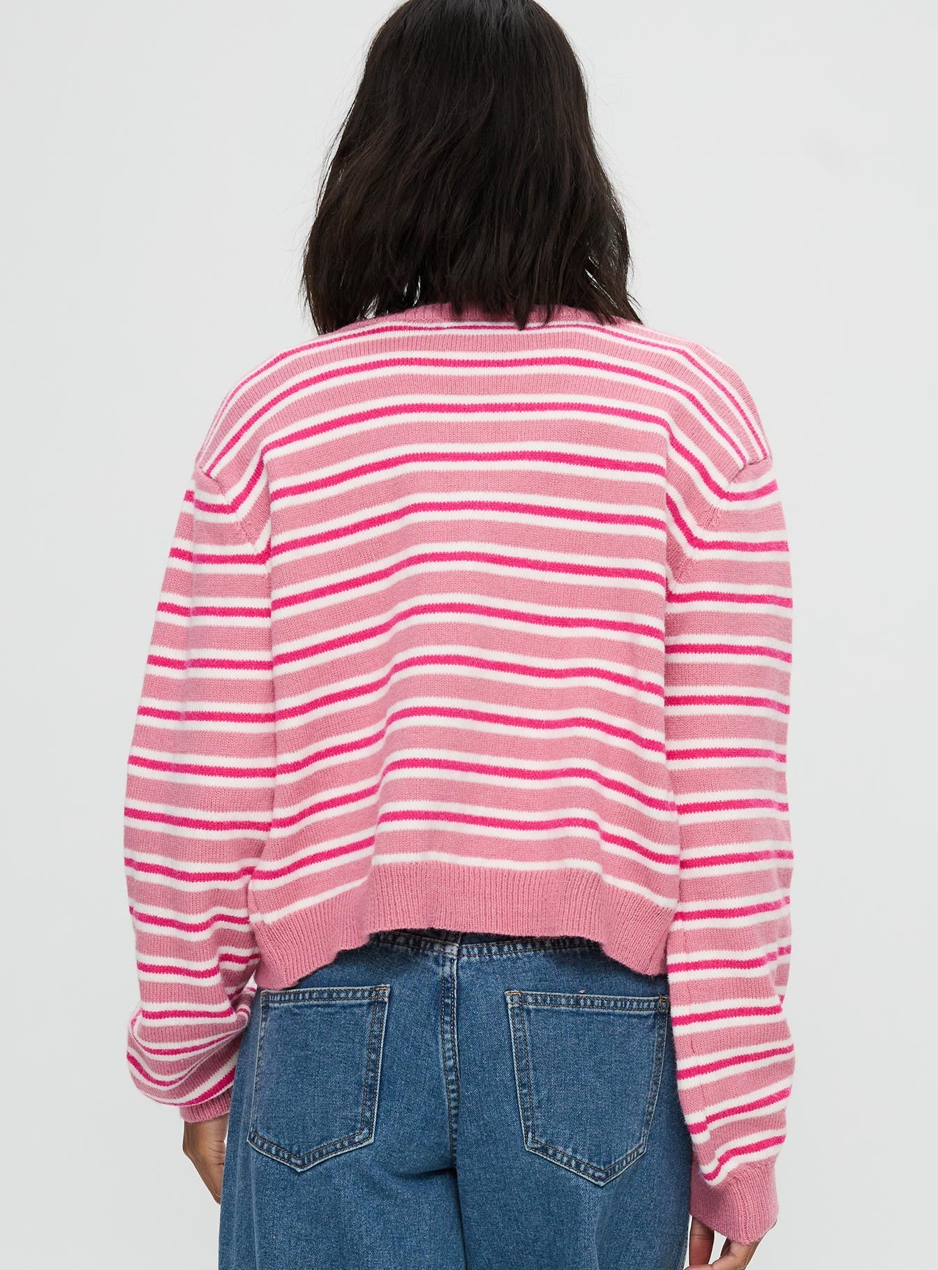 back view of model wearing Princess Polly Heavenly Dream Cardigan Pink Stripe Cropped 