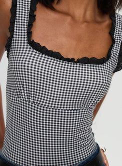 back view of model wearing Princess Polly Trustfund Lace Trim Bodysuit Black / White Check Sleeveless 