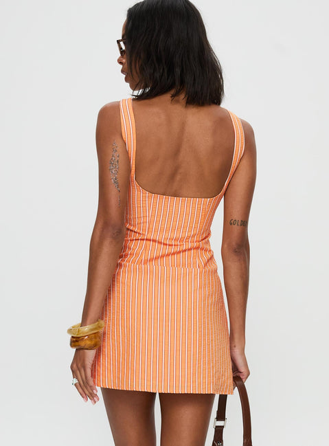 back view of model wearing Princess Polly Ellesandra Boat Neck Mini Dress Orange Stripe Boat Neck 