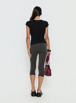 back view of model wearing Princess Polly Enmu Capri Trouser Charcoal Grey Mid Rise Pants 