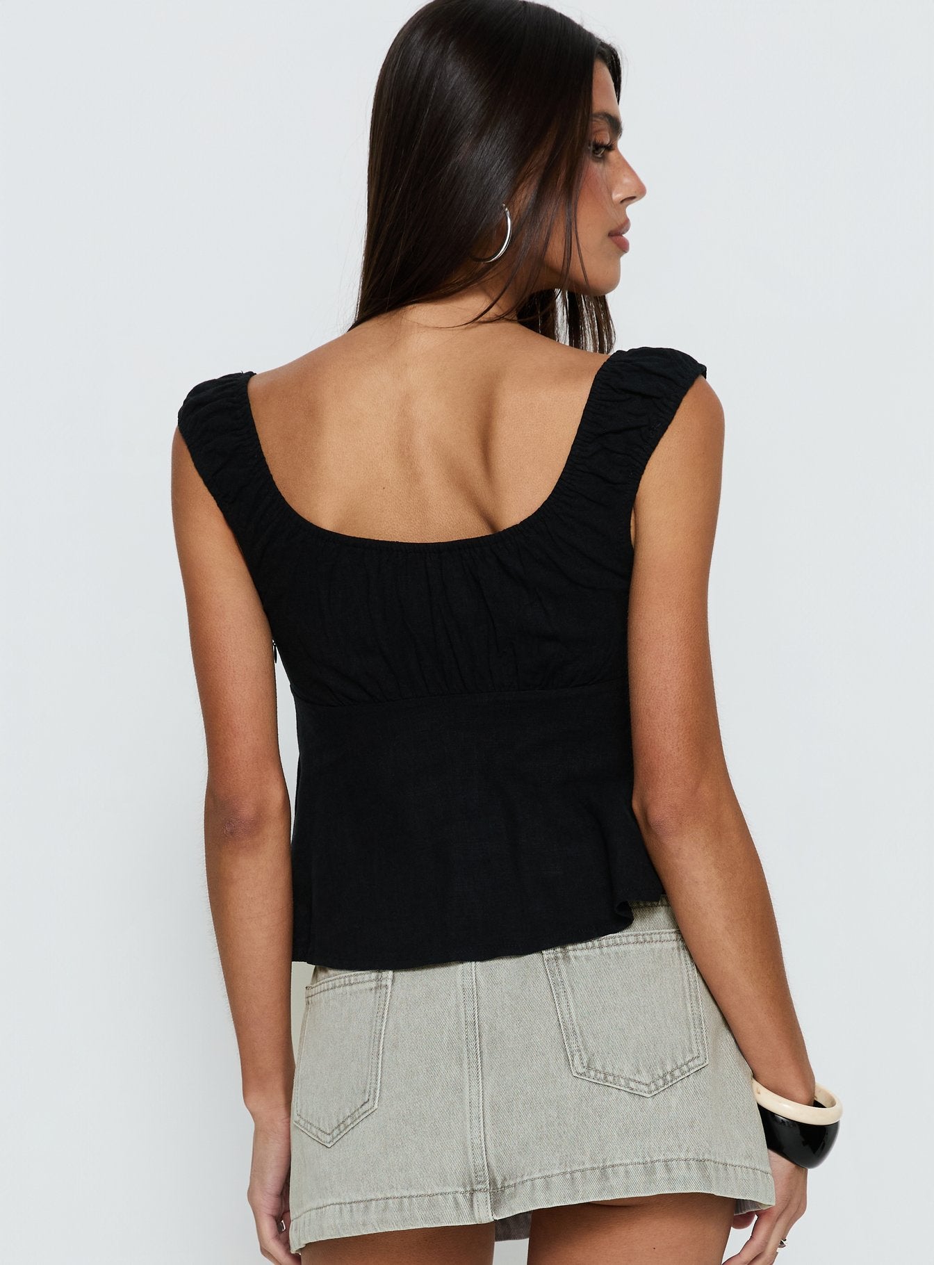 With Pleasure Puff Sleeve Linen Blouse Top Black