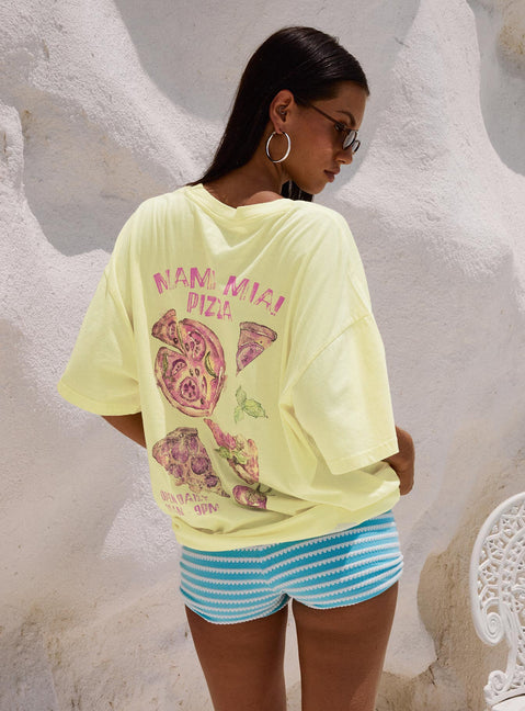 back view of model wearing Princess Polly Made With Love Graphic Top Pastel Yellow Half Sleeves Crew Neck 