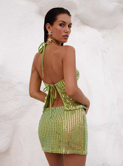 back view of model wearing Princess Polly September Sunsets Halter Top Green Sleeveless Asymmetric Neckline 