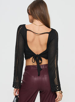 Long sleeve top Knit material, scooped neckline, open back, tie fastening Slight stretch, unlined, sheer Princess Polly Lower Impact 