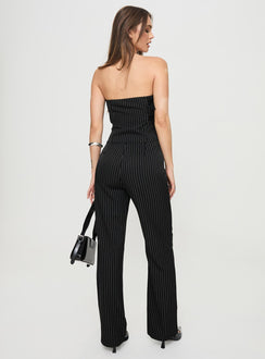 Pinstriped pants High rise fit, button & clasp fastening, twin hip pockets Non-stretch material, unlined 