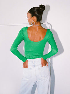 back view of model wearing Princess Polly Crosby Long Sleeve Bodysuit Green Full Sleeves 