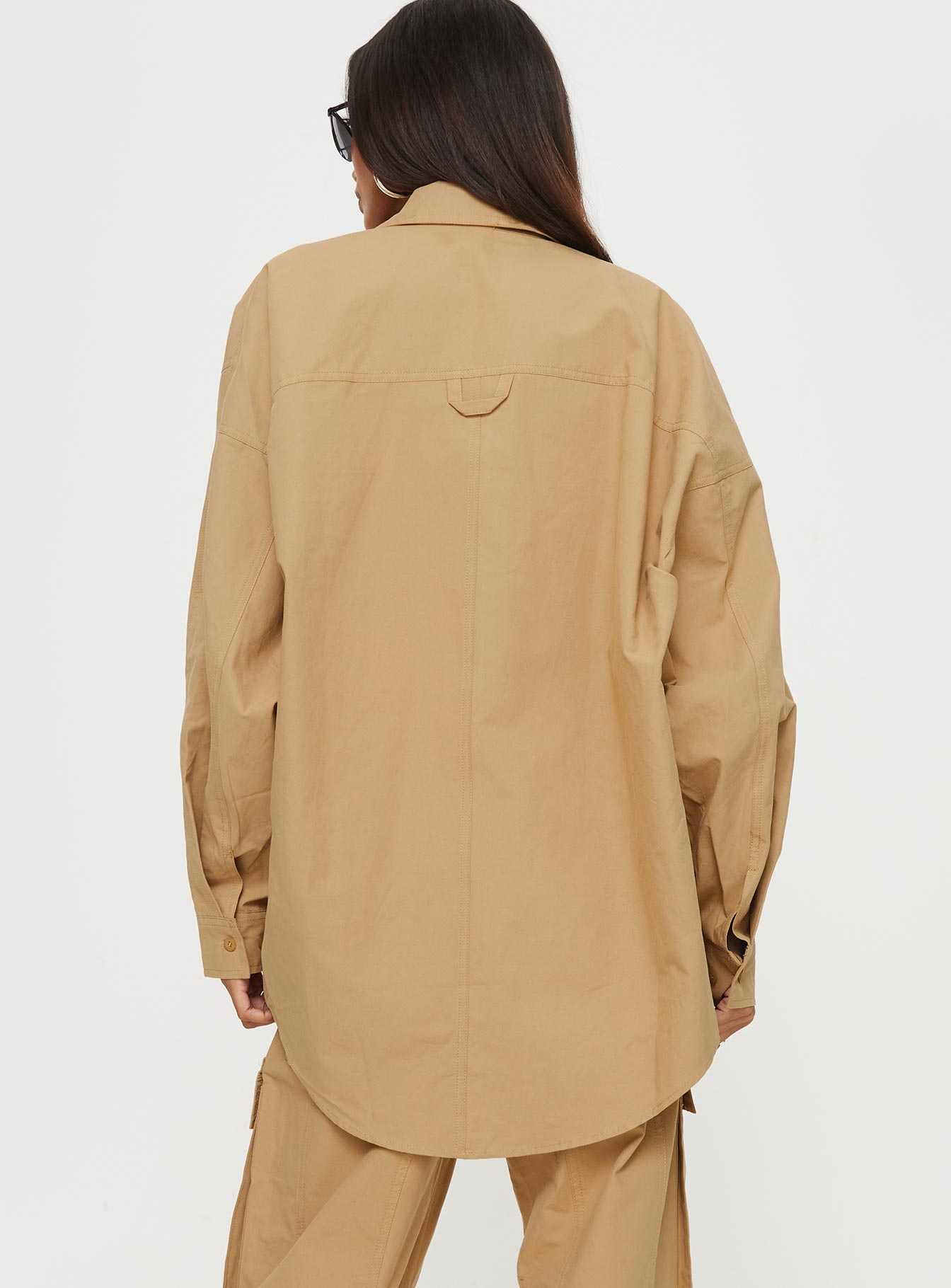 Caramel Cargo shacket Relaxed fit, classic collar, three pocket design, drop shoulder, single button cuff, button down fastening at front