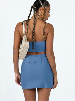 Matching set Strapless crop top V wire bust Inner silicone strip Corset mini skirt Boning throughout Invisible zip fastening at side of top & skirt